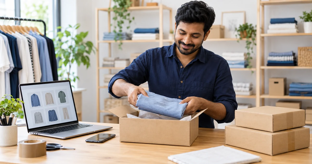 Small business owner packing an ecommerce order beside an online store on a laptop
